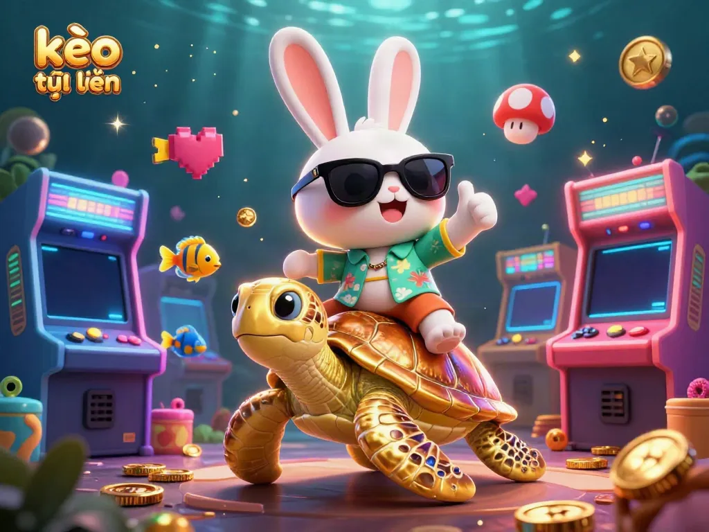 Engage with kèo trực tuyến through this vibrant 3D illustration, featuring a lucky rabbit and sea turtle.