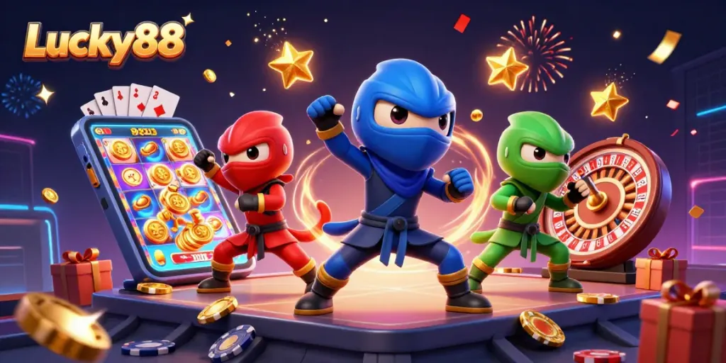 Engage with Lucky88 as ninja chameleons celebrate wins in a vibrant 3D casino scene.