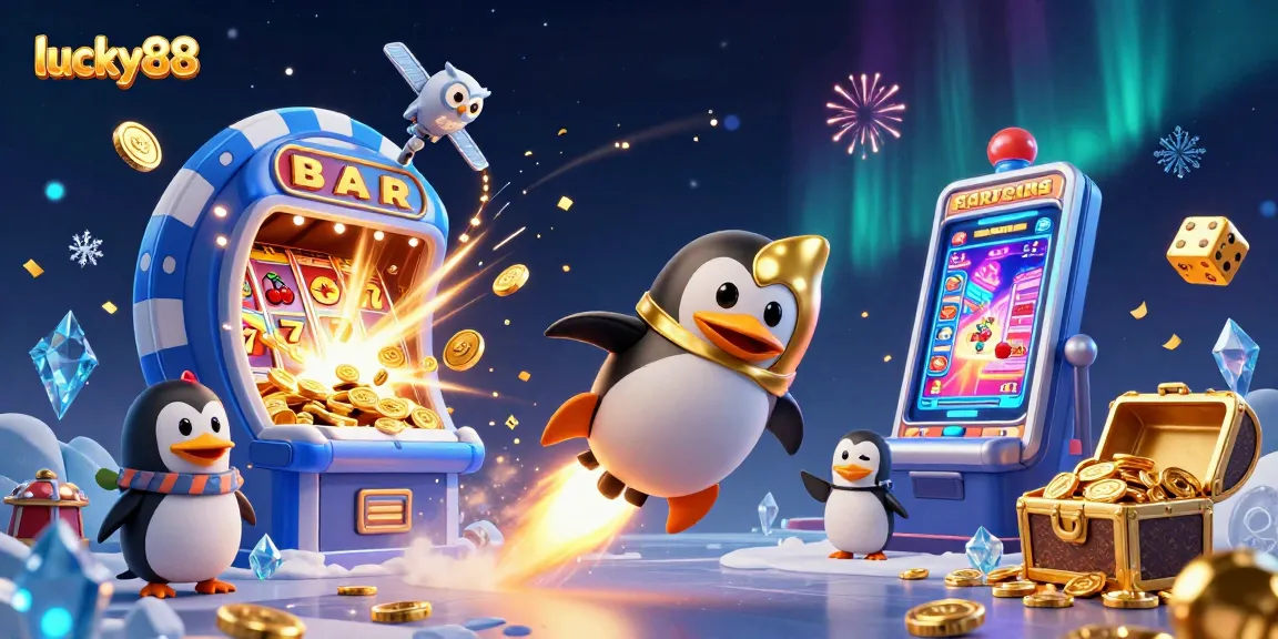 Engage with lucky88 through a vibrant 3D illustration showcasing a golden penguin and slot machine.