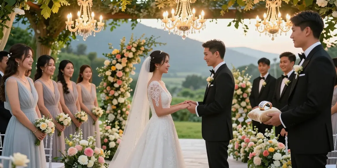 Luxury wedding rings on velvet cushion at a romantic outdoor wedding ceremony with lush greenery