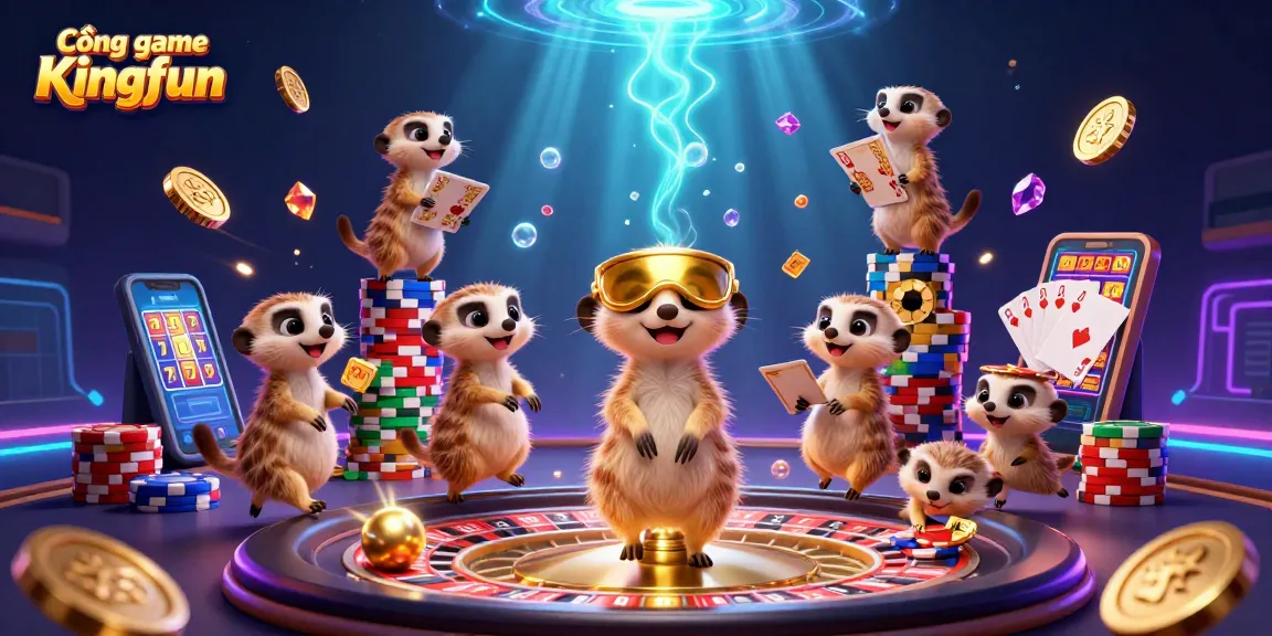 Cổng game Kingfun brings excitement with a lively scene of cartoon meerkats managing a casino filled with gold coins and vibrant gaming elements.