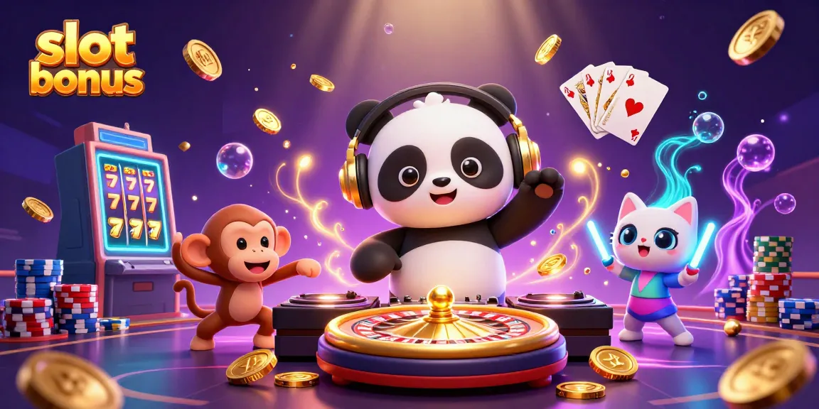 A vibrant slot bonus illustration featuring a DJ panda, dancing monkey, and rave kitten amidst casino elements like coins, slot reels, and poker chips.