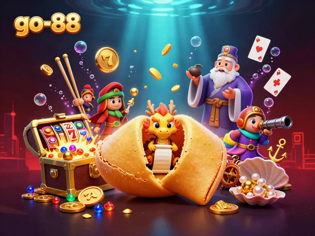 Engage in exciting gaming at go-88, featuring a golden fortune cookie guarded by dragons and fortune elements.