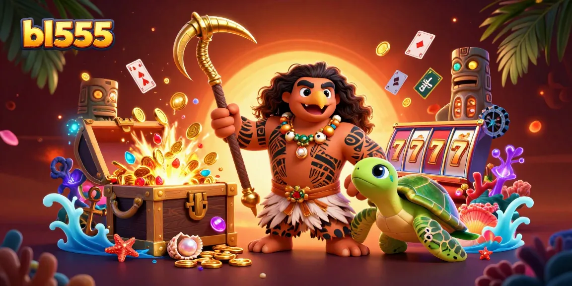 Win big with bl555 in this vibrant and packed casino scene featuring themed characters and gambling elements.