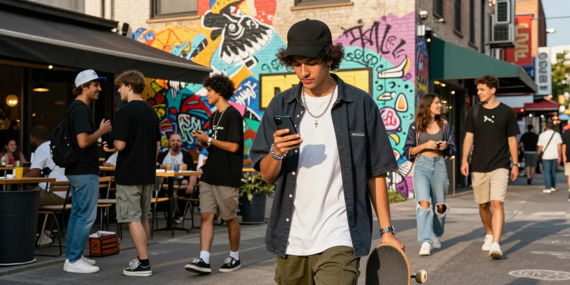 Trendy urban scene featuring a streetwear enthusiast capturing moments with rokok88-inspired fashion and vibrant city backdrop.