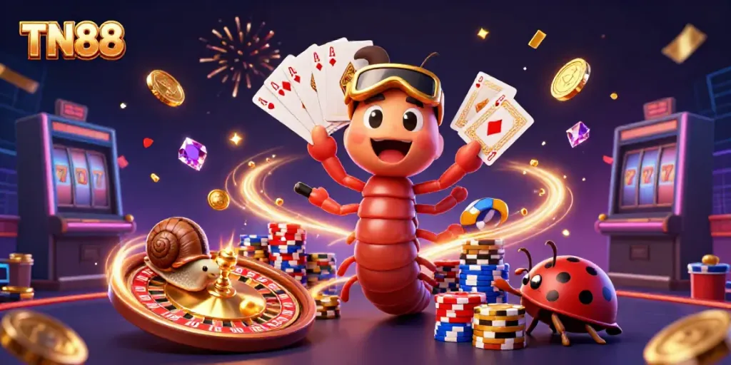Experience thrilling gameplay with TN88 as a millipede dealer and snail high-roller in a lively casino scene.