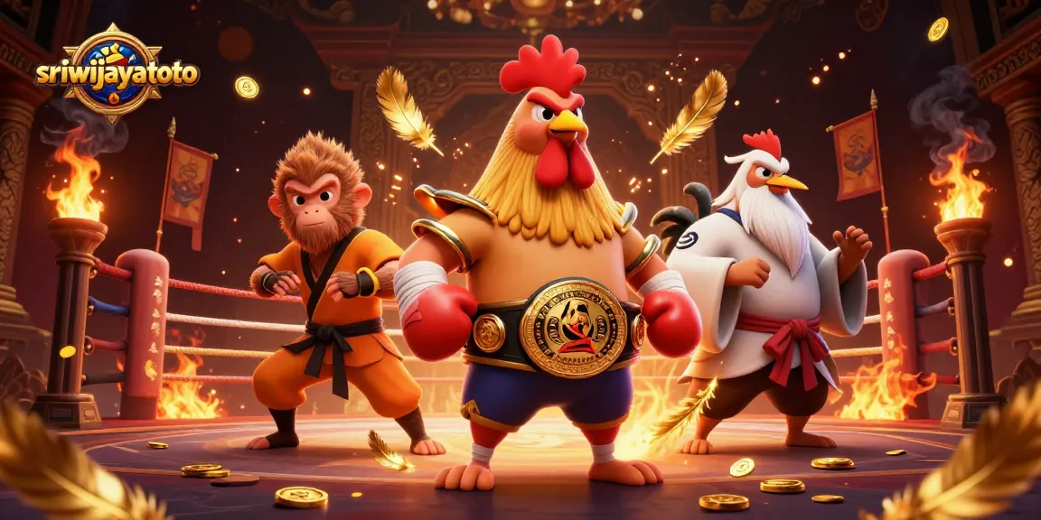 Experience thrilling bets at sriwijayatoto with a fierce rooster, wise crane, and martial artist in dynamic action.