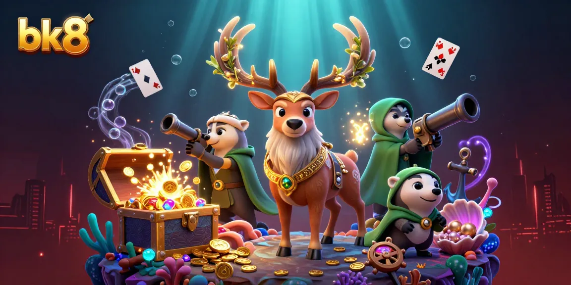 Engage in thrilling gaming at bk8 with an enchanting 3D illustration featuring druid stag and floating gems.