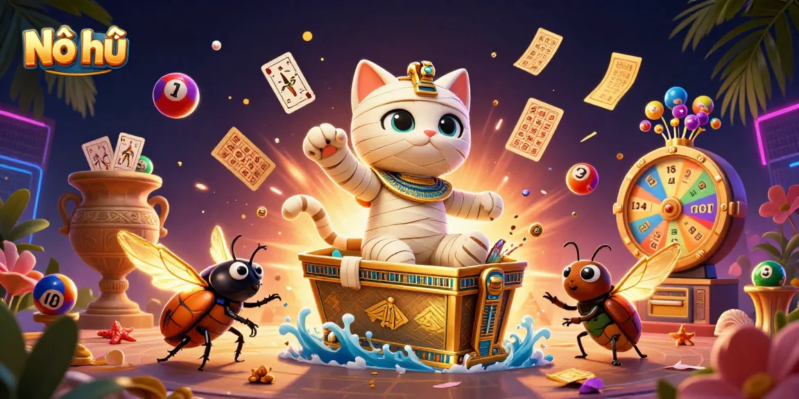 Play Nổ hũ with a 3D mummy cat in a vibrant casino scene full of excitement.