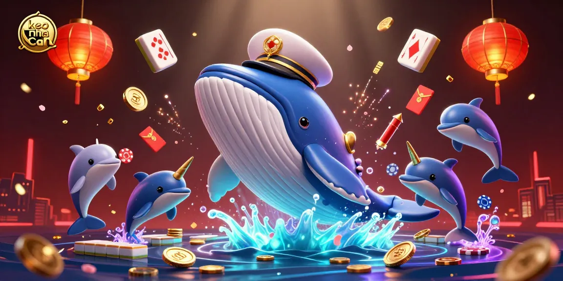 Engage with keo nha cai through a vibrant underwater gambling scene featuring playful dolphins and a whimsical whale.