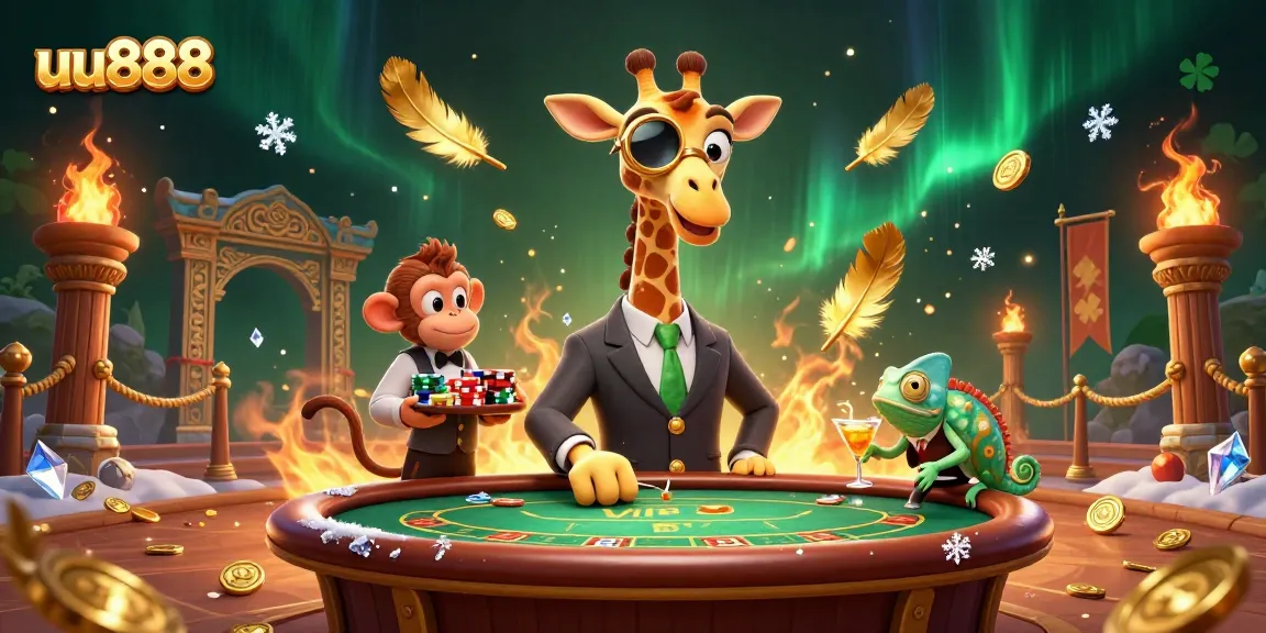 Experience thrilling gameplay at uu888 with a high-roller giraffe, poker table, and vibrant casino elements.