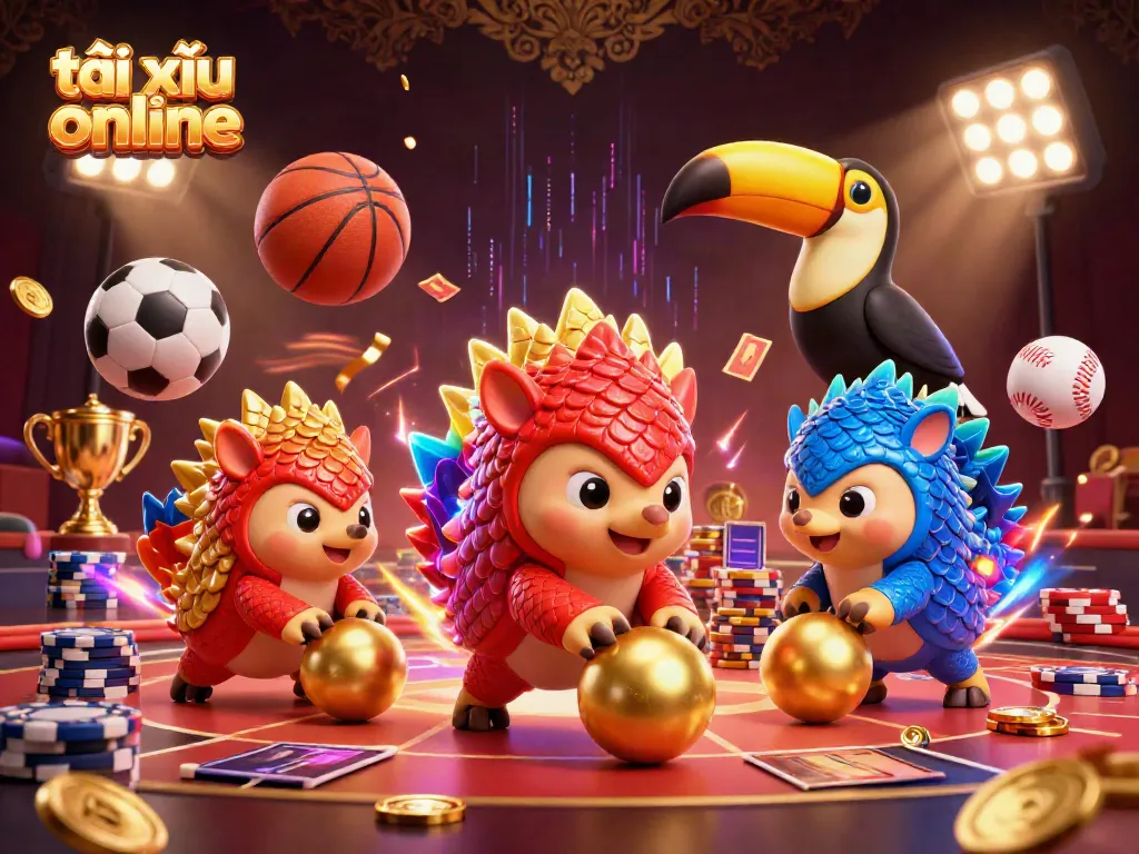 Engaging scene of tài xỉu online with cartoon pangolins playing amidst vibrant sports elements.