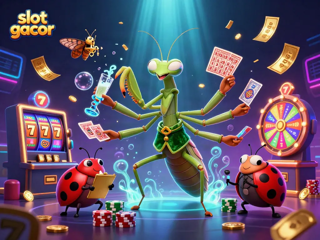 Engage in slot gacor gaming with a 3D cartoon mantis and ladybug amidst vibrant casino elements.