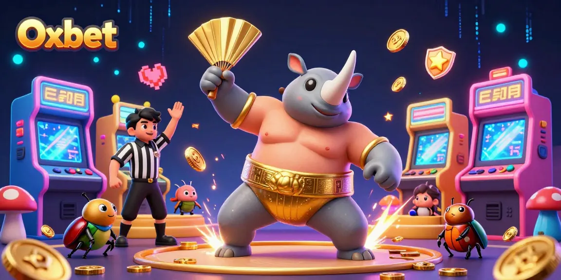 Oxbet's colorful casino scene featuring a beetle champion and vibrant gaming elements.