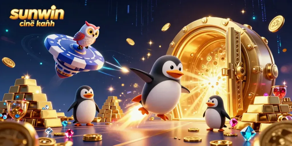 Experience thrilling gameplay at sunwin chính hãng with vibrant 3D art featuring a golden penguin and casino elements.