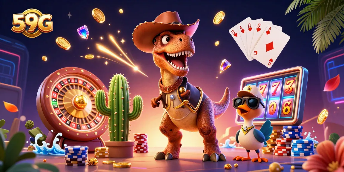 Engage with thrilling 59G action through a vibrant 3D digital illustration depicting a cowboy dinosaur and friends at an online casino.