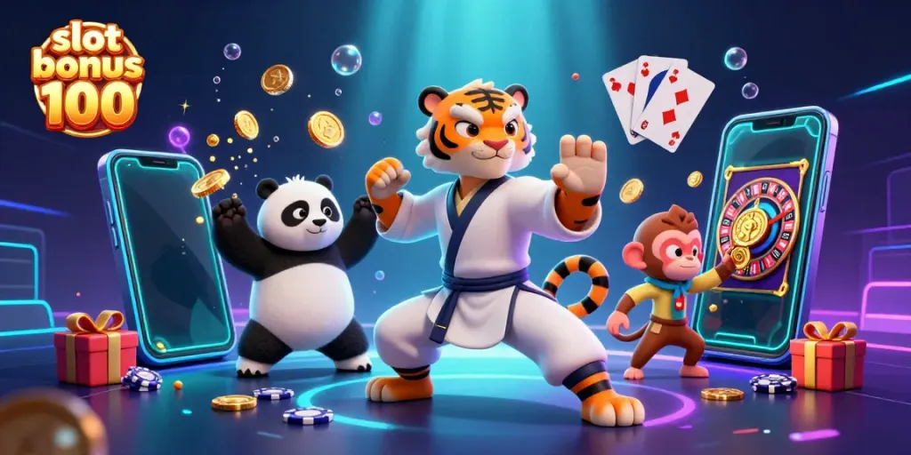 Play slot games with the added excitement of slot bonus 100, featuring a kung fu tiger master amidst dynamic casino elements.