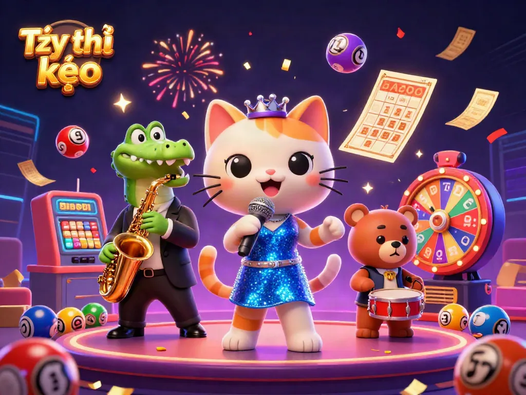 Engage in Tỷ lệ kèo with vibrant casino characters celebrating around a colorful scene.