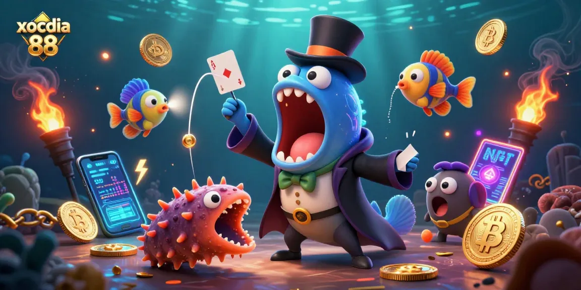 Experience the magic with xocdia 88 as deep-sea creatures perform card tricks in a vibrant underwater scene.