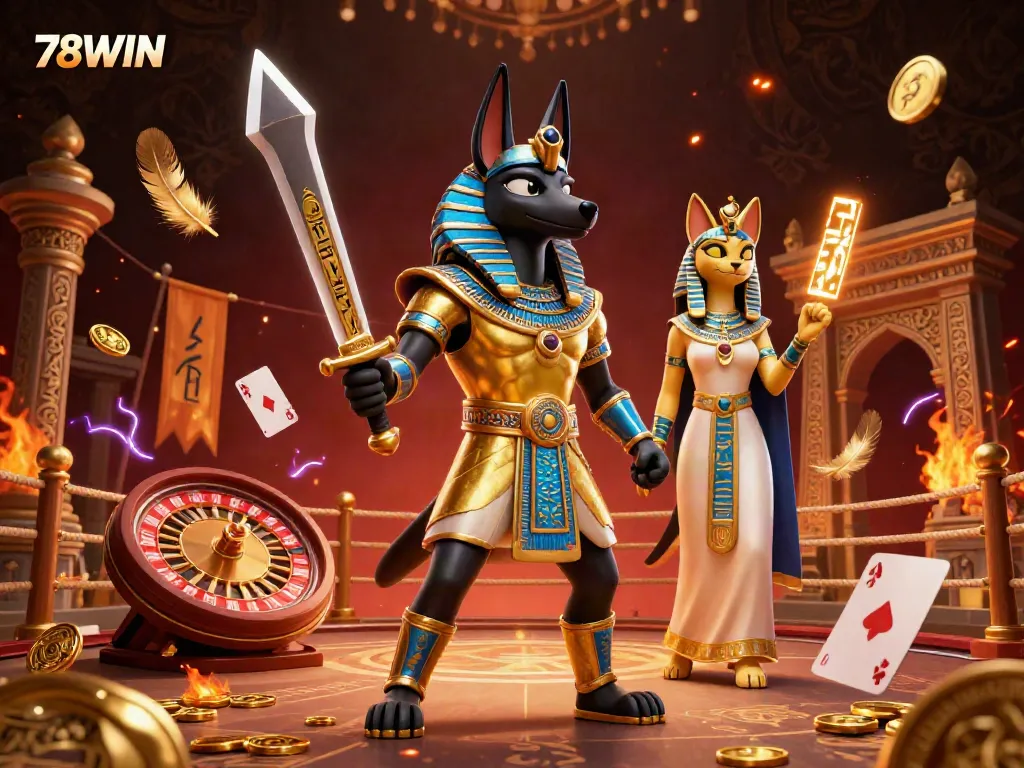 Engage in thrilling online gaming with 78WIN as Anubis and Bastet celebrate in a vibrant casino scene.