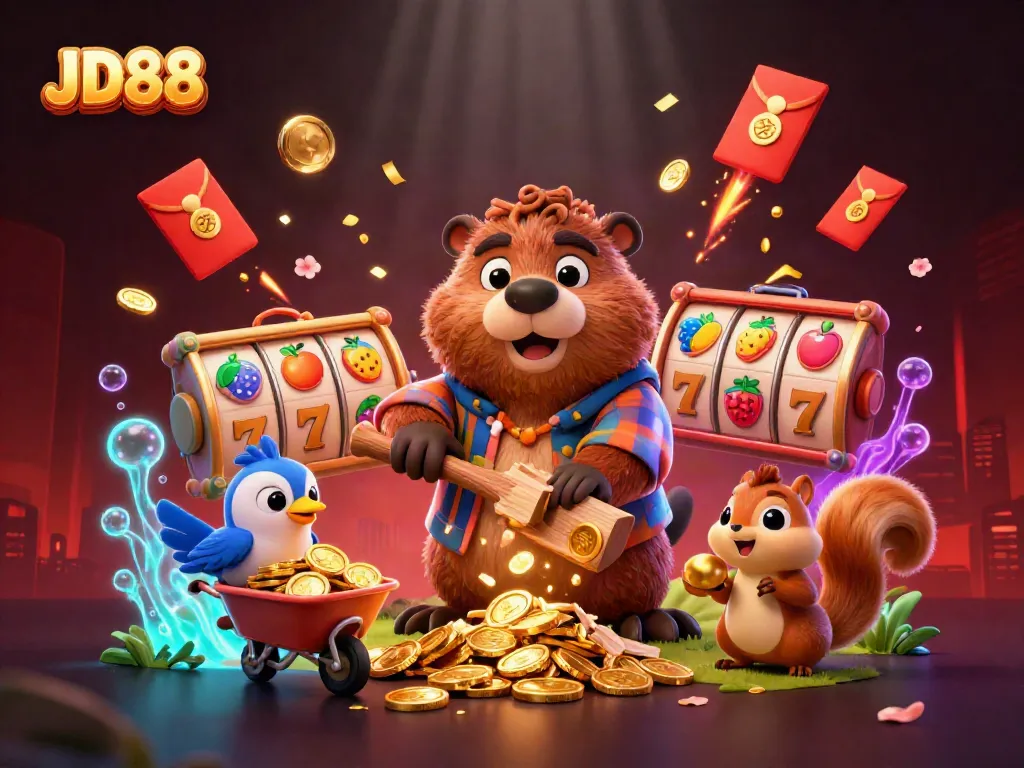 JD88 visualizes winning moments with a beaver, bird, and squirrel amidst vibrant casino symbols.