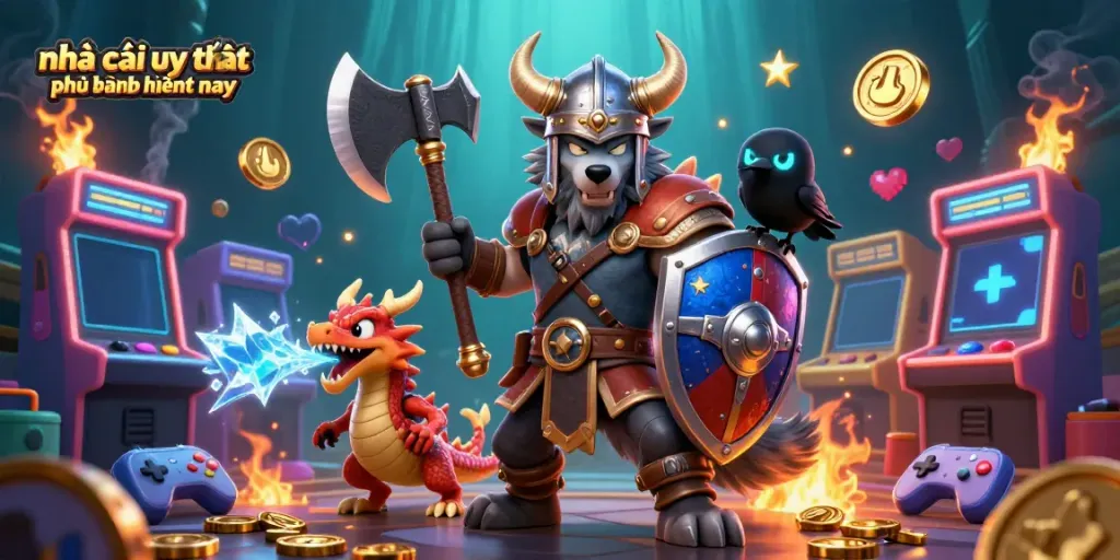 Engaging illustration showcasing nhà cái uy tín phổ biến hiện nay in a dynamic casino scene with animated characters and gaming elements.