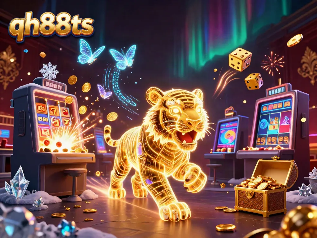 Experience thrilling gaming at qh88ts with vibrant casino visuals and a neon-wireframe tiger.