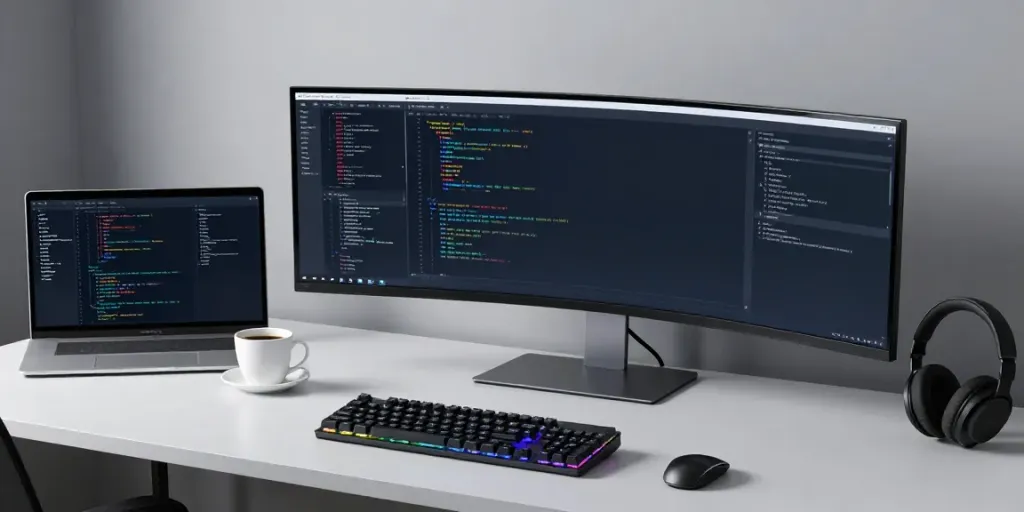.co.uk renewal price displayed within a modern coding environment, featuring advanced setup with dual monitors, software development tools, and ambient lighting.