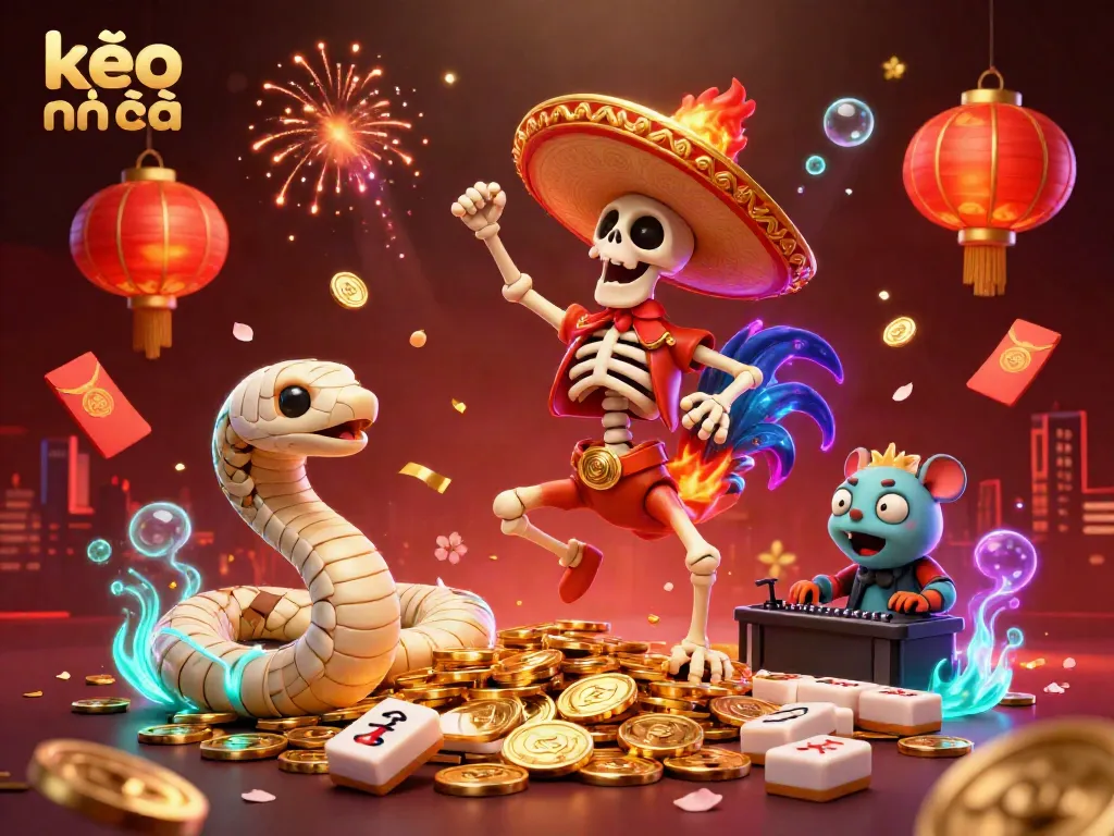 Celebrate big wins at kèo nhà cái with vibrant characters and gambling elements in a lively scene.