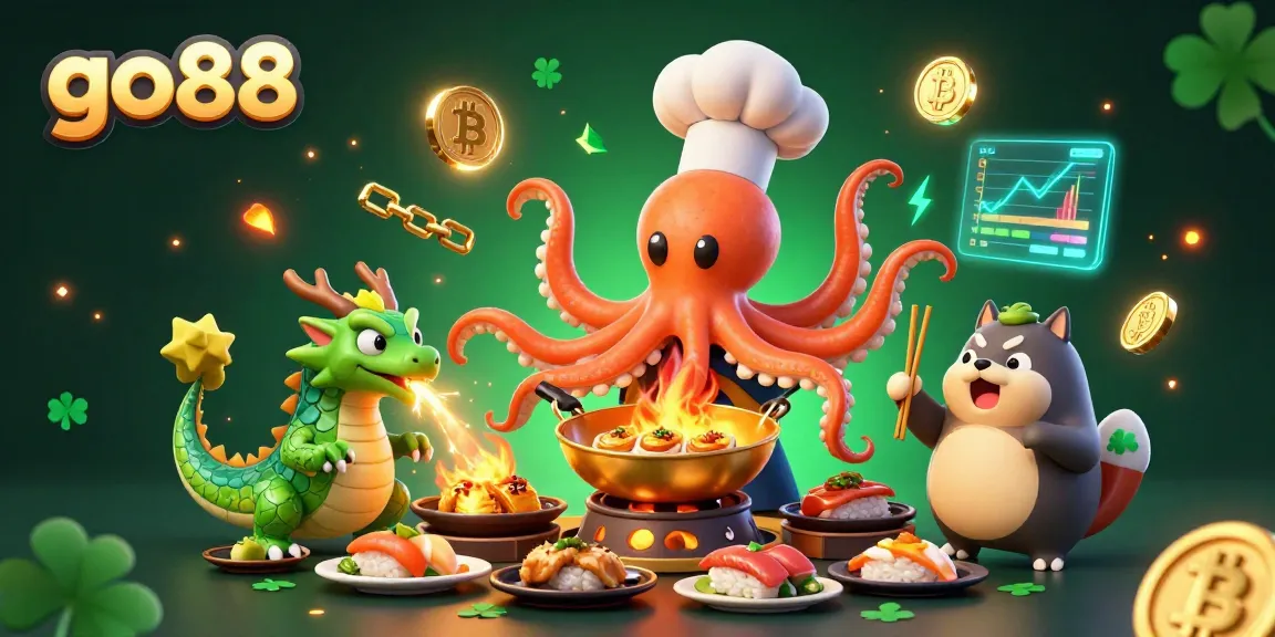 Join the excitement at go88 as cartoon characters celebrate with golden feasts and crypto elements in a vivid gaming scene.