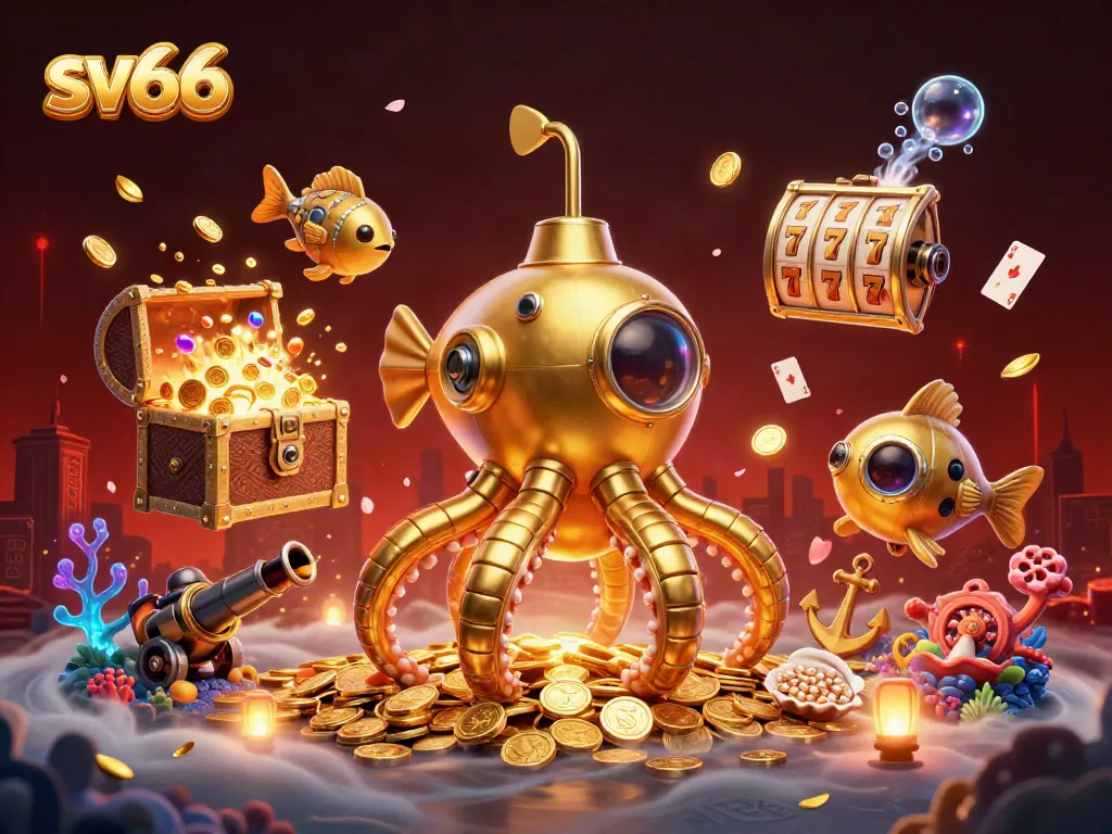Engage in thrilling gambling excitement with sv66 in a dynamic casino-themed underwater scene.