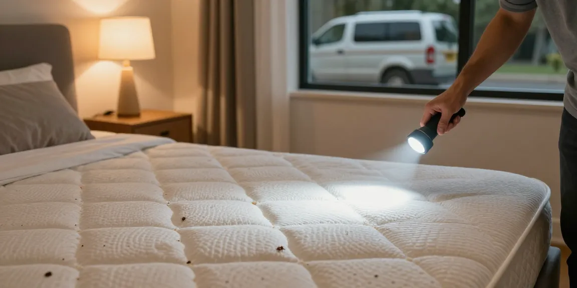 Inspecting mattress for signs of bed bugs by a bed bug exterminator in a cozy bedroom