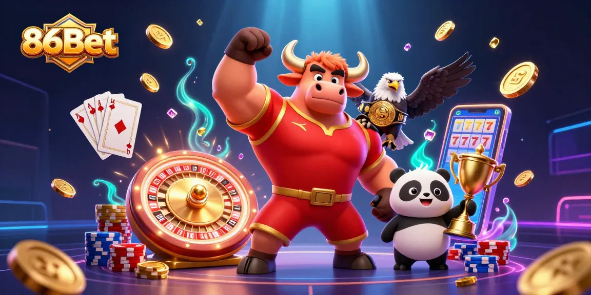 Win big with 86Bet in this dynamic casino scene featuring joyful characters and rich gaming elements.