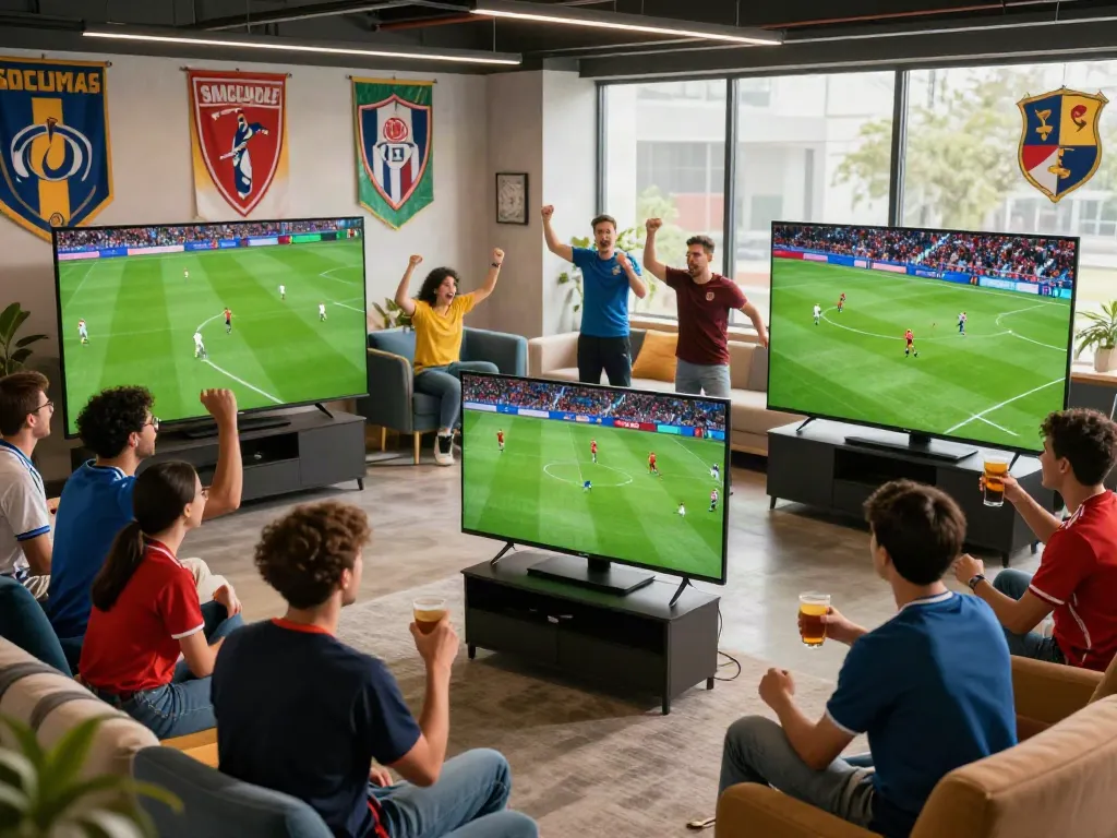Socolive's vibrant atmosphere filled with fans enjoying live soccer matches in a modern lounge.