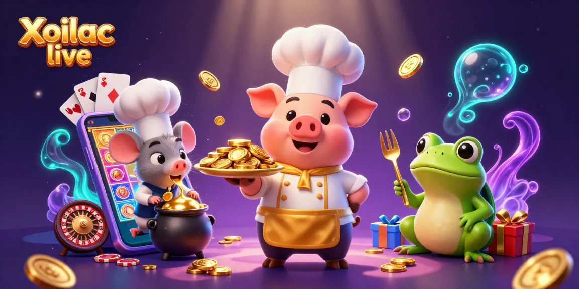 Xoilac live stream featuring animated chef pig serving gold coins with vibrant casino elements.
