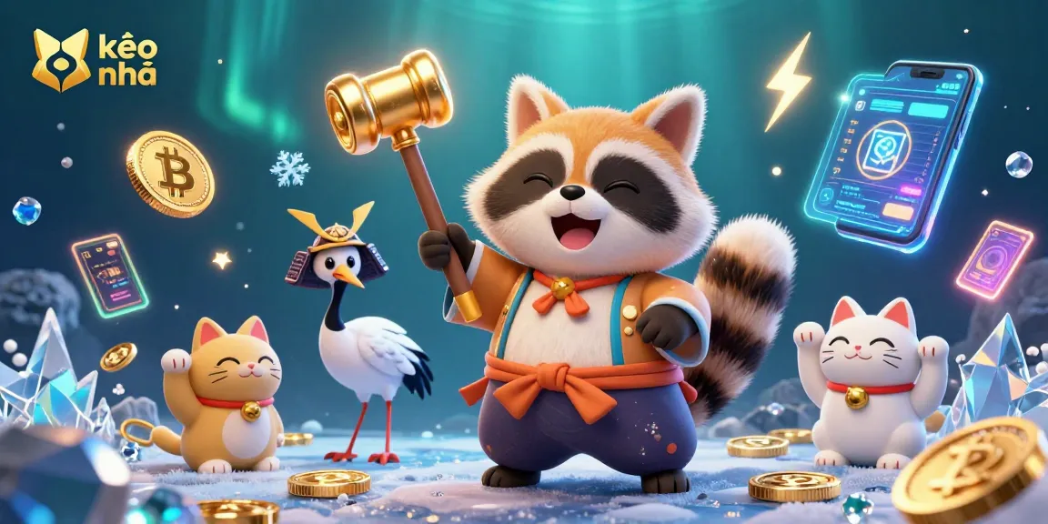 Engage with kèo nhà cái opportunities in a vibrant casino scene featuring a playful tanuki and cryptocurrency elements.
