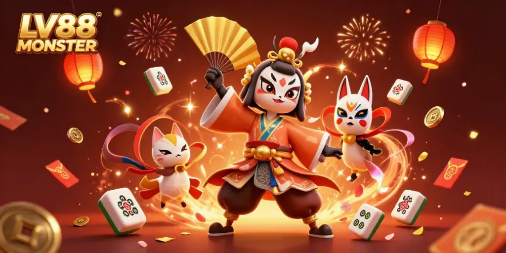Experience the thrilling LV88 MONSTER games with our kabuki warrior, kitsune companion, and festive elements.