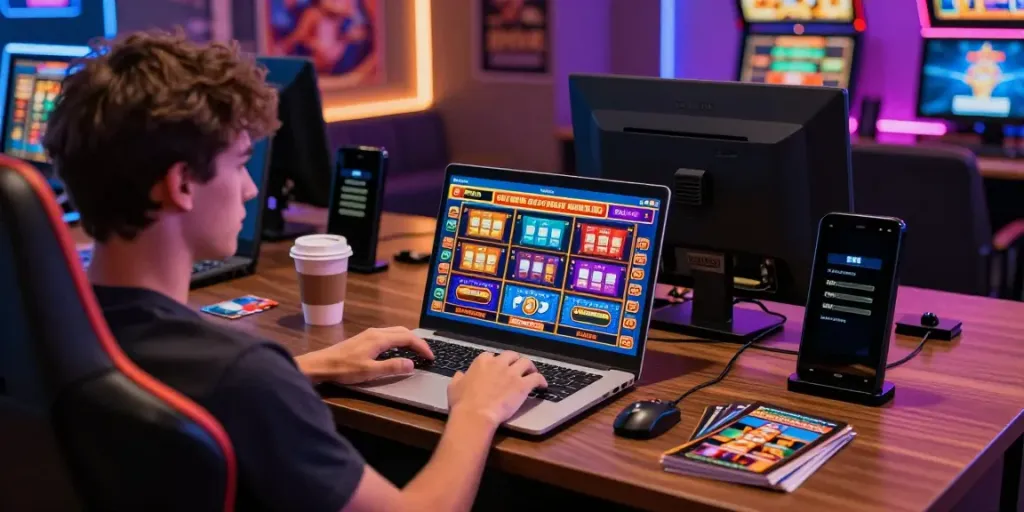 Engaging player enjoying credit card casinos on a laptop, surrounded by colorful graphics and dynamic gaming atmosphere.