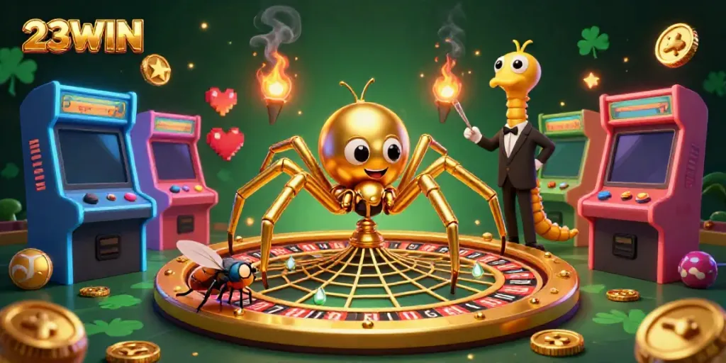 Experience the excitement of betting at 23WIN with a dynamic casino scene illustrated in 3D art.