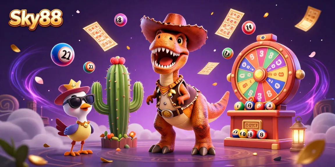 Engage with Sky88's thrilling gaming adventure featuring colorful lottery elements and dynamic characters.