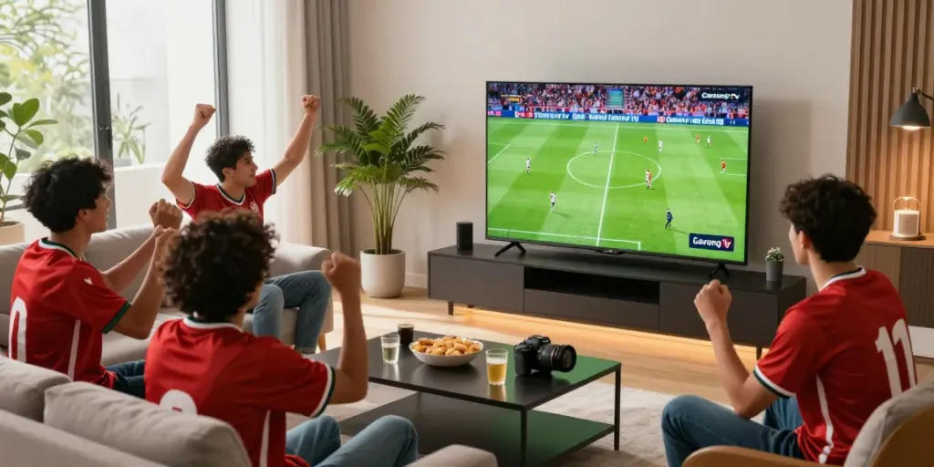 Fans enjoying a live football match on Gavangtv in a cozy living room.