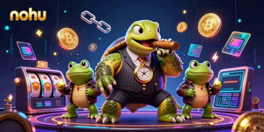 Engage with nohu's vibrant casino scene featuring a cartoon turtle in mobster attire surrounded by glowing coins and characters.