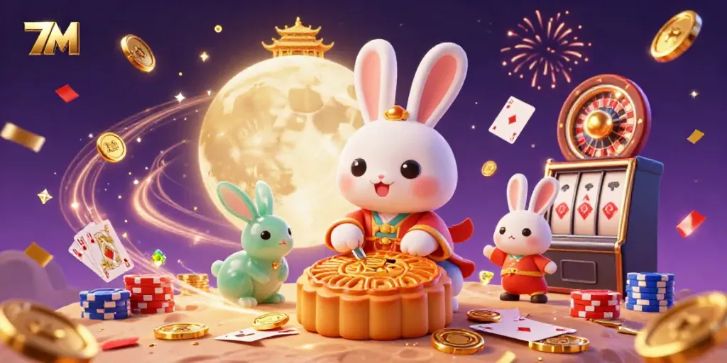 Experience the excitement of betting with 7M in this lively 3D casino illustration featuring a moon rabbit and poker chips.