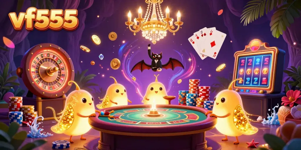 Experience the vibrant energy of vf555's cartoon casino with glowing characters and exciting gaming action.