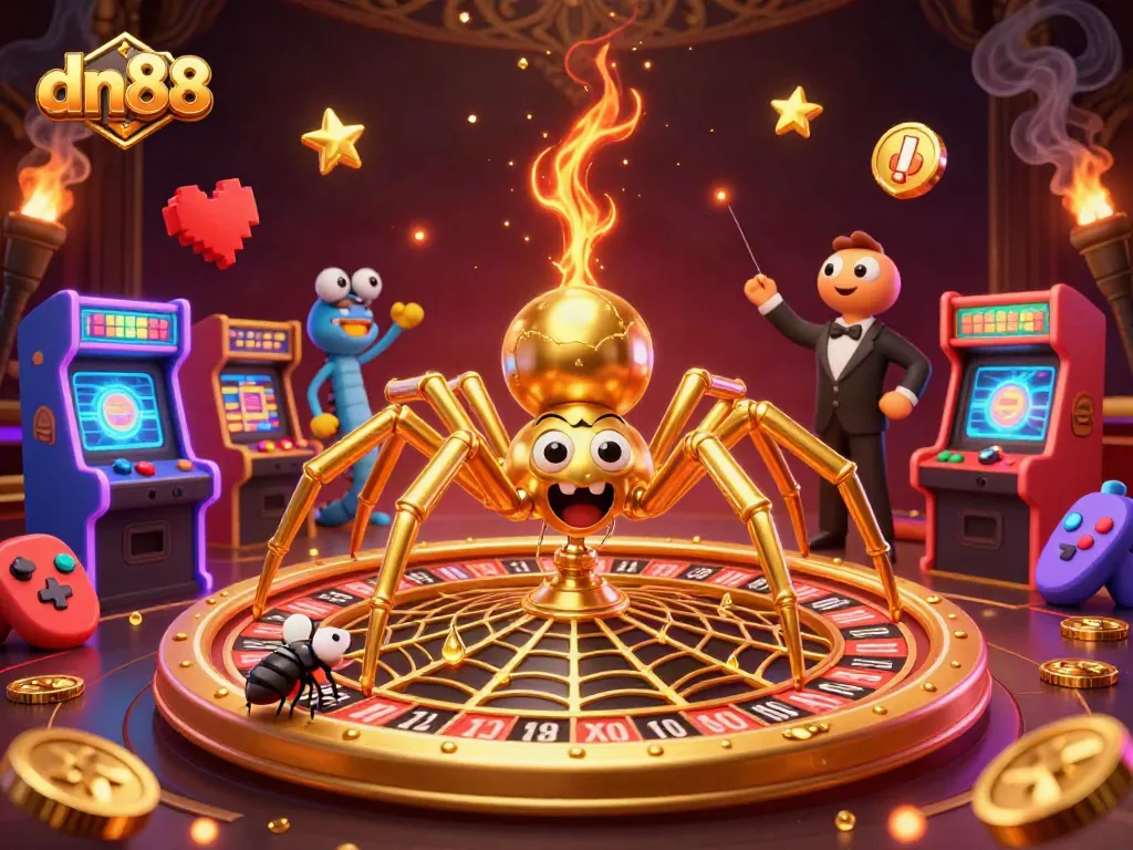 Experience the excitement of dn88 with a golden spider on a roulette wheel, centipede croupier, and arcade elements.