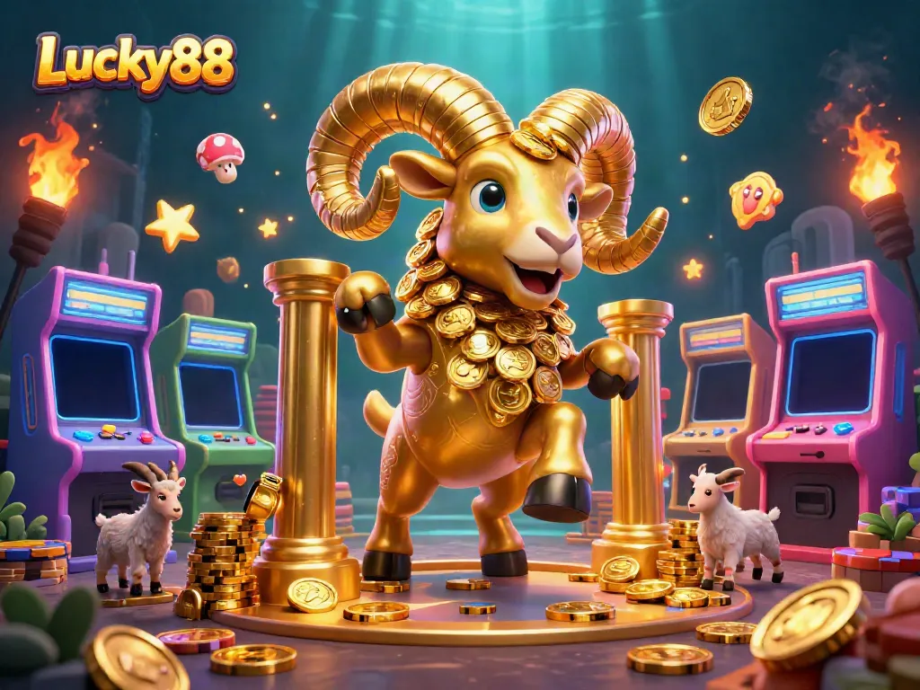 Experience Lucky88's gaming adventures with a golden ram charging towards victory amidst vibrant casino symbols.