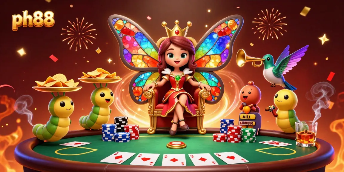 Experience the ph88 magic with our cartoon butterfly queen surrounded by vibrant poker elements.