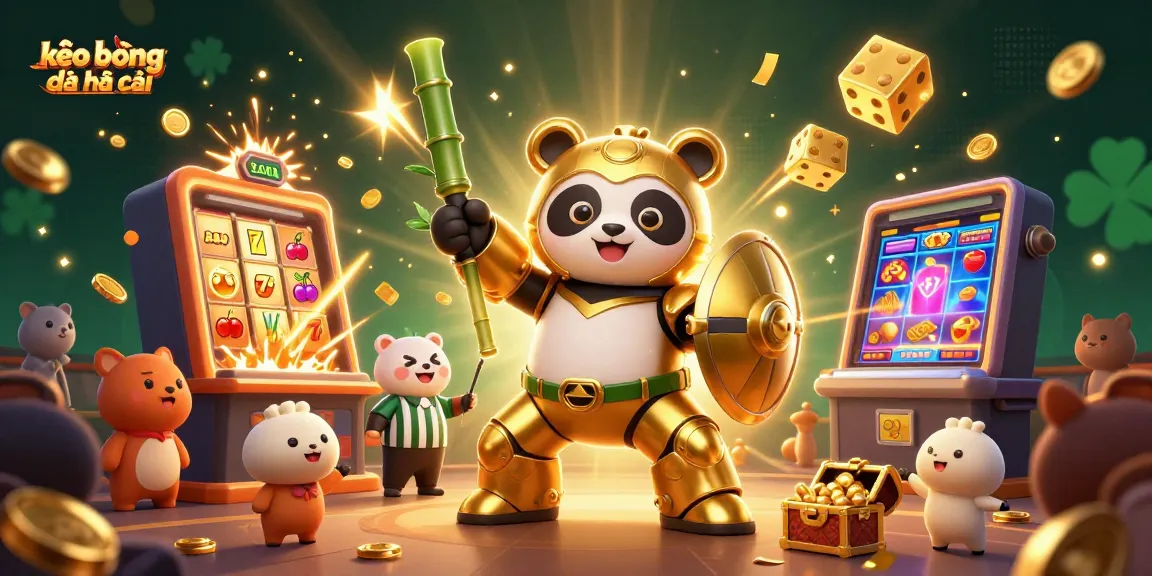 Experience thrilling action at kèo bóng đá nhà cái with golden panda piloting a robot amidst vibrant casino elements.