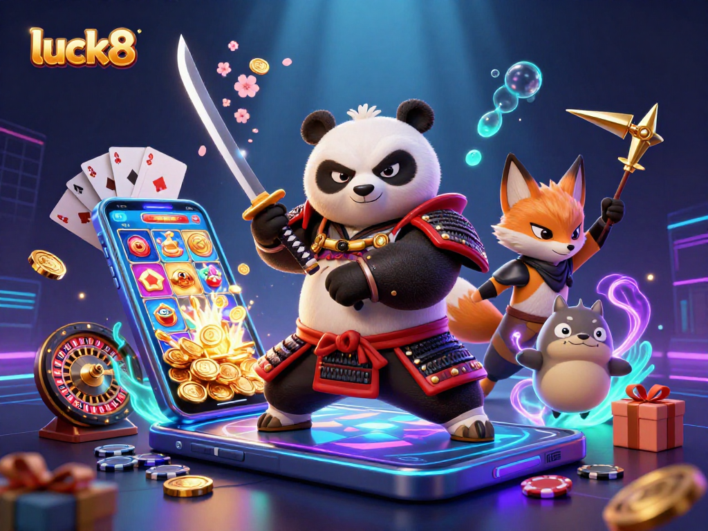 Engage with luck8’s vibrant gaming experience featuring samurai panda, ninja fox, and dynamic casino elements.