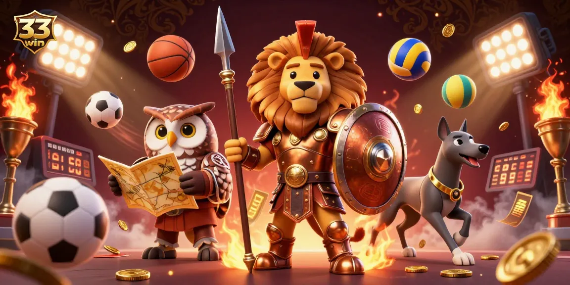 Experience strategic gaming with 33win in a vibrant 3D casino atmosphere filled with sports elements.